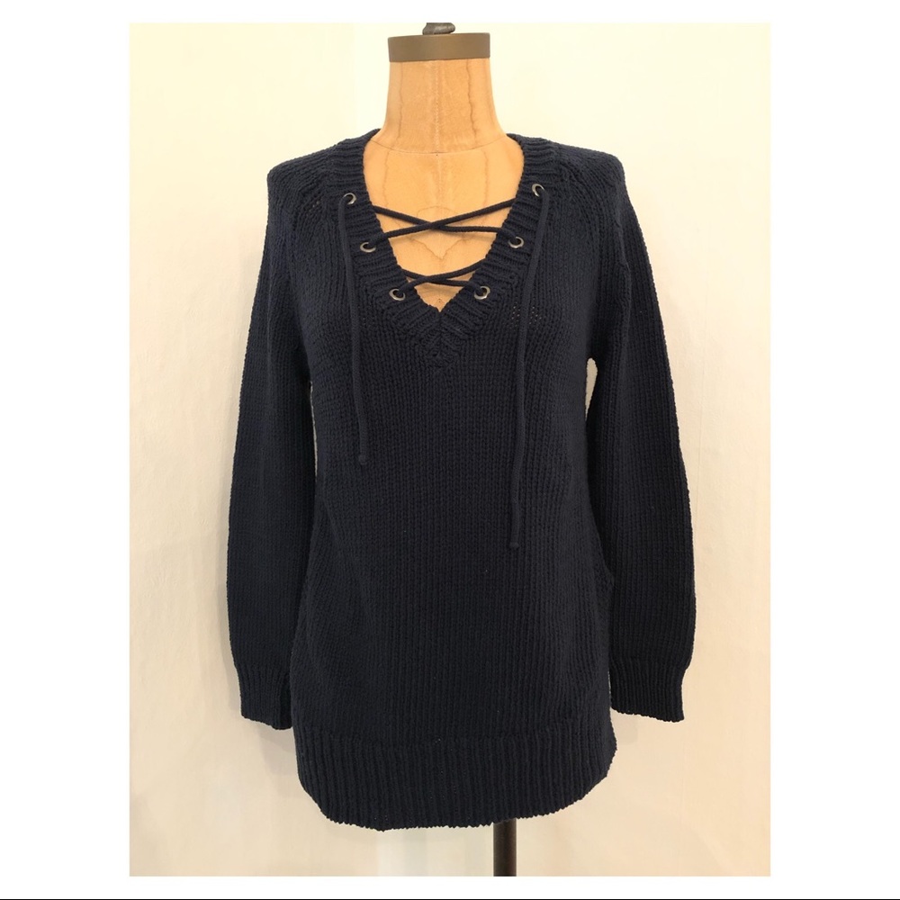 Anthropologie Moth Asbury Lace Up Sweater Navy XS